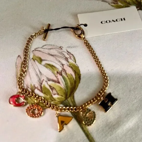 NWT COACH Pavé Crystal Enamel Logo Charm Signature Letters Bracelet Gold #TSBR - Picture 3 of 8